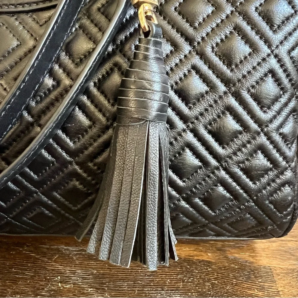 Tory Burch Fleming Quilted Black Leather Chain Straps Tassel Shoulder Bag